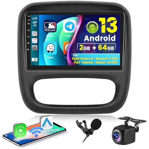 Hikity 2+64GB Android 13 Autoradio für Opel Vivaro B/Renault Trafic/FIAT Talento/Nissan NV300 Radio mit Wireless Carplay Android Auto Bluetooth Navi WiFi 9‘’ Bildschirm mit USB SWC Rückfahrkamera von Hikity