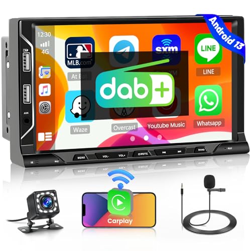 Android 13 Carplay Autoradio mit Navi 2 Din Car Radio mit Android Auto 7 Zoll Touch Display DAB Radio Unterstützung WiFi Bluetooth/FM/RDS/6 USB-Anschluss+Rückfahrkamera von Hikity