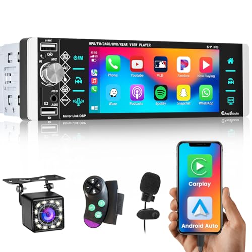 Autoradio 1 Din Apple Carplay & Android Auto mit Bildschirm 5.1 Zoll Touch Display Radio Bluetooth Freisprecheinrichtung mit Rückfahrkamera FM USB/SD/AUX/KI-Sprachassistent +Mikrofon von Hikity