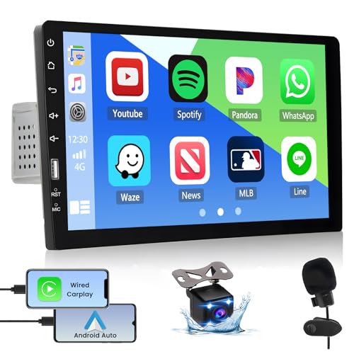 Autoradio 1 Din mit Apple Carplay und Android Auto, Hikity 9 Zoll Bildschirm Touchscreen Autoradio Bluetooth Freisprecheinrichtung Mirror Link EQ SWC USB FM Radio mit Rückfahrkamera von Hikity