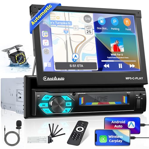 Hikity Autoradio 1Din Carplay mit 7Zoll Automatic Ausfahrbarem Bildschirm Auto Stereo MP5 Radio mit Bluetooth Freisprecheinrichtung Andrid Auto Mirror Link USB FM AUX Rückfahrkamera von Hikity