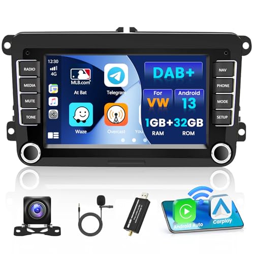 DAB/DAB+ Android 13 Autoradio mit Wireless Carplay Android Auto für VW Golf 5 6 Polo Passat Jetta Skoda Seat, 7 Zoll Bildschirm Touch Display Radio Bluetooth mit GPS/FM/RDS/WiFi Canbus Rückfahrkamera von Hikity