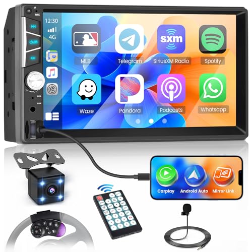 Doppel Din Autoradio Apple CarPlay Android Auto, Hikity Autoradio Bluetooth 2Din mit 7" Bildschirm Autoradio mit Bluetooth FM Radio AUX USB Mirror Link TF SWC+Rückfahrkamera+Mic+Rahmen von Hikity