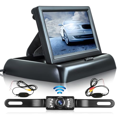 Drahtlose Backup Kamera Kit, 4,3-Zoll Klapp Monitor Bildschirm, Nummernschild Rückfahrkamera, Autos Rückansicht Parksystem von Hikity