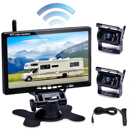 Dual Rückfahrkamera Kabellos Digital mit 7 Inch LCD Monitor Kit Nachtsicht Wasserdicht Rückseite Backup Auto-Kamera für Wohnmobil/Wohnwagen/LKW/Bus/Van(12-24 Volt) von Hikity