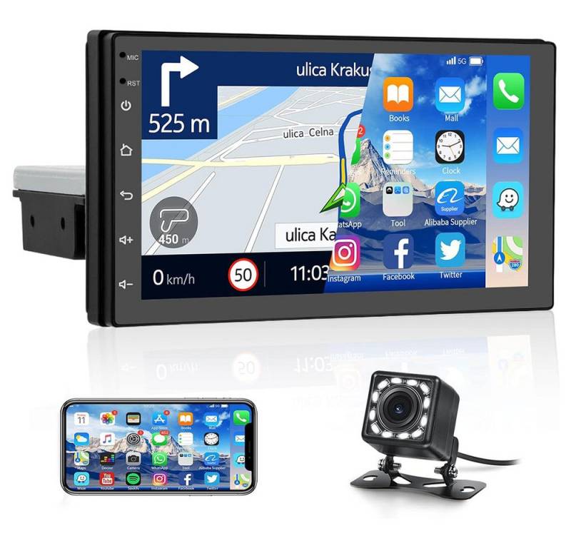 Hikity 1 DIN 7 Zoll Touchscreen mit GPS Navi Mirror Link Rückfahrkamera Autoradio (USB Digital Media Receiver, iOS/Android, WiFi, FM RDS) von Hikity