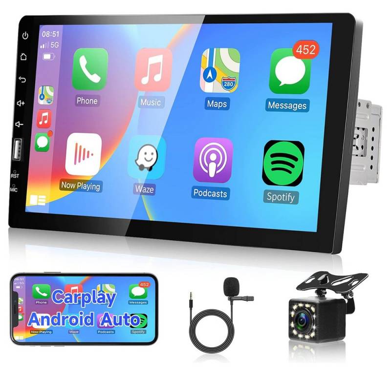 PODOFO 1 DIN mit Apple Carplay Android Auto 9 Zoll Touchscreen Autoradio Autoradio (Mirror Link FM USB SWC, mit Rückfahrkamera) von PODOFO