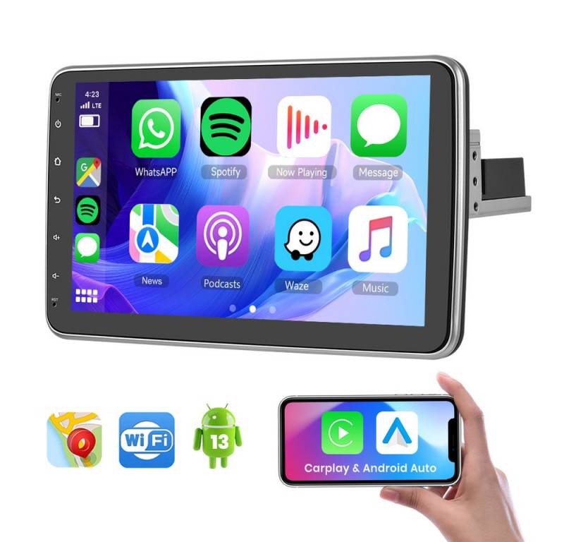 Hikity 1 Din 10.1'' Android 13.0 Autoradio Drehbar 1+32GB Autoradio (FM, GPS, WIFI, Bluetooth, Universal Map APK, Carplay&Android Auto) von Hikity