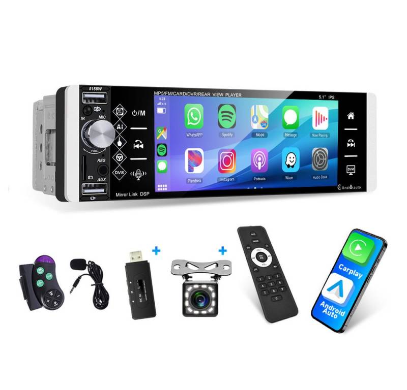 Hikity 1 Din 5.1'' HD Touchscreen Universal Mp5 mit drahtlosem carplay/auto Autoradio (FM/AM/RDS-Radio, Buletooth) von Hikity