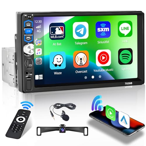 Hikity 1 Din Autoradio Wireless Apple Carplay Android Auto, 7 Zoll Touchscreen Auto Radio mit Bluetooth Freisprecheinrichtung Mirror Link für Android/iOS FM USB/AUX/TF+Rückfahrkamera Mikrofon von Hikity