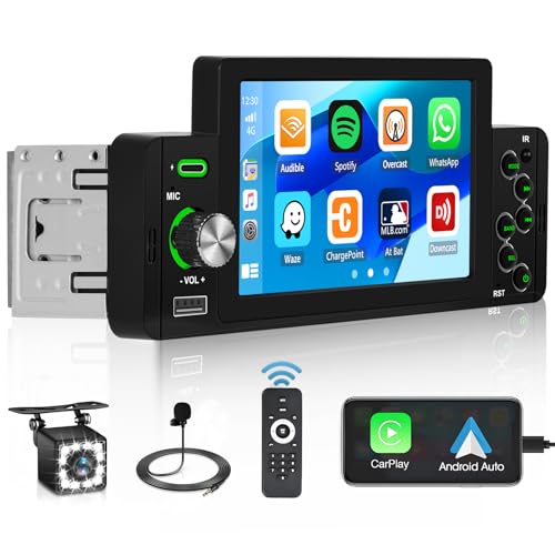 Hikity 1 Din Autoradio mit Apple Carplay Android Auto, 5 Zoll Touchscreen Autoradio Bluetooth mit Rückfahrkamera Unterstützung FM SWC USB Mirrorlink von Hikity