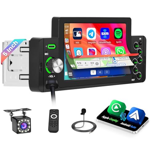 Hikity 1 Din Autoradio mit Apple Carplay Android Auto, 5 Zoll Touchscreen Autoradio Bluetooth mit Rückfahrkamera Unterstützung FM SWC USB Mirrorlink von Hikity