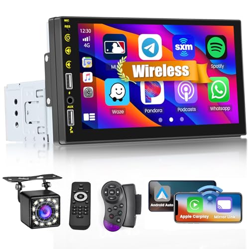 Hikity 1 Din Autoradio mit Bildschirm, 7 Zoll Wireless CarPlay Android Auto Radio Bluetooth Car Play Touch Display FM Receiver von Hikity