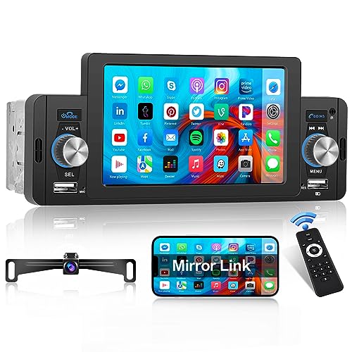 Hikity 1 Din Autoradio mit Bluetooth Freisprecheinrichtung 5 Zoll Touchscreen Autoradio Bluetooth mit iOS/Android Mirror Link FM Radio USB Lenkradsteuerung Mikrofon + Rückfahrkamera von Hikity