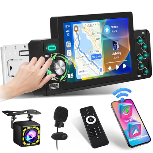 Hikity 1 Din Autoradio mit Wireless Apple CarPlay und Android Auto 5 Zoll Touchscreen Autoradio Bluetooth mit Bildschirm FM Radio USB SWC Fernsteuerung Rückfahrkamera von Hikity