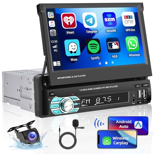 Hikity 1 Din Autoradio mit Wireless Carplay Android Auto Radio mit Slide Out Bildschirm 7 Zoll Touch Display mit FM Radio AUX/USB+Rückfahrkamera von Hikity