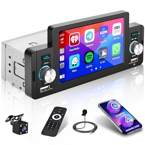 Hikity 1 Din Radio Apple Carplay Android Auto 5 Zoll Touch Display Autoradio Bluetooth mit Bildschirm Mirror Link für Android/iOS USB FM Radio mit Rückfahrkamera Mikrofon von Hikity