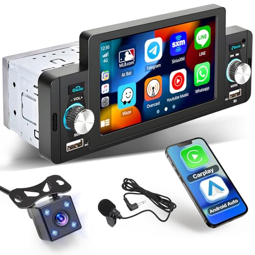 Hikity 1 Din Radio Apple Carplay Android Auto 5 Zoll Touch Display Autoradio Bluetooth mit Bildschirm Mirror Link für Android/iOS USB FM Radio mit Rückfahrkamera Mikrofon von Hikity