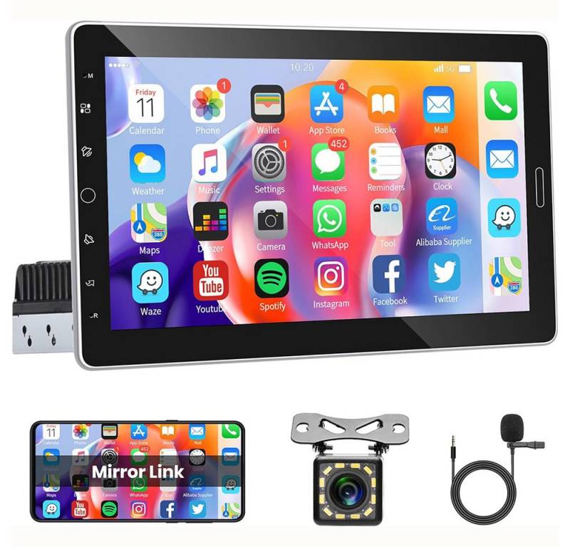 Hikity 10,1 Zoll Touchscreen Android 1 DIN mit GPS Rückfahrkamera Mikrofon Autoradio (Freisprecheinrichtung, Mirror Link Bluetooth FM/RDS) von Hikity