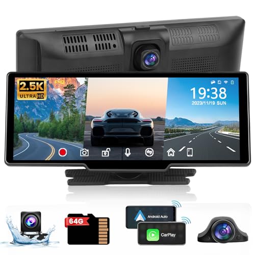 Hikity 10,26 Zoll Tragbares Autoradio mit Wireless Apple CarPlay & Android Auto, 2,5K Dashcam Vorne, Rückfahrkamera, Dreiwege-Überwachung, Bluetooth, Mirror Link, FM Transmitter, AUX, 64GB TF Karte von Hikity