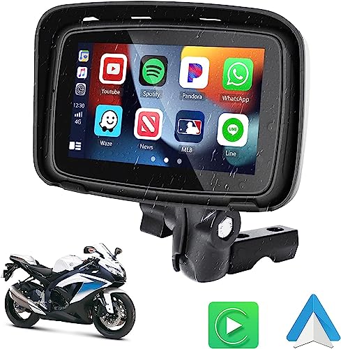 Hikity 12V-24V IPX7 Wasserdichter Motorrad Navigator Motorrad Monitor mit Wireless Carpaly Android Auto Bluetooth 5Zoll Touchscreen, Tragbarer Motorrad-Audio-Video-Musik-Player mit Montagehalterung von Hikity