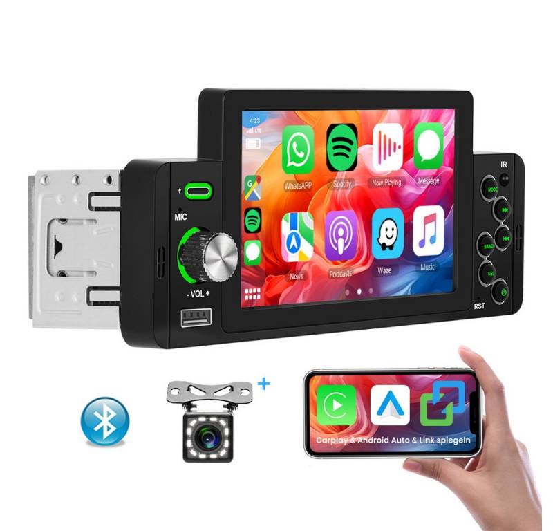 Hikity 1DIN 5" HD Touchscreen Monitor D-Play Universal Auto mp5 Spieler Autoradio (FM, Bluetooth, Support TF/USB Rear View Camera with wireless carplay/auto, Mirro link, Carplay&Andoid Auto) von Hikity