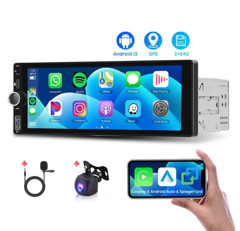 Hikity 1DIN 6.86" Android 13.0 Universal Car Player mit Drehknopf(2+64G) Autoradio (FM, GPS, WIFI, Kabelloses Carplay&Kabelgebundenes Android Auto, Mirro link,bluetooth,Steuerung über das Lenkrad) von Hikity