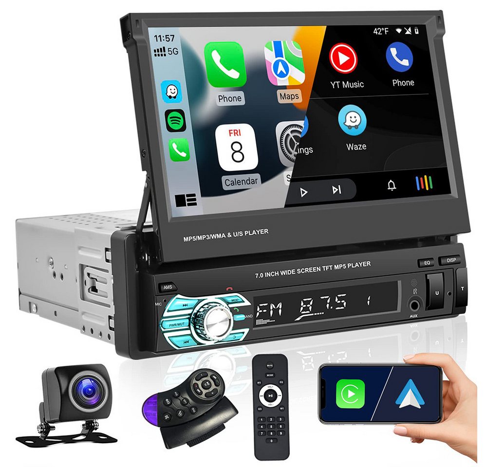 Hikity 1DIN 7 Zoll Touchscreen Monitor Auto MP5 Player mit Rückfahrkamera Autoradio (Apple Carplay Auto, NAVI FM BLUETOOTH) von Hikity