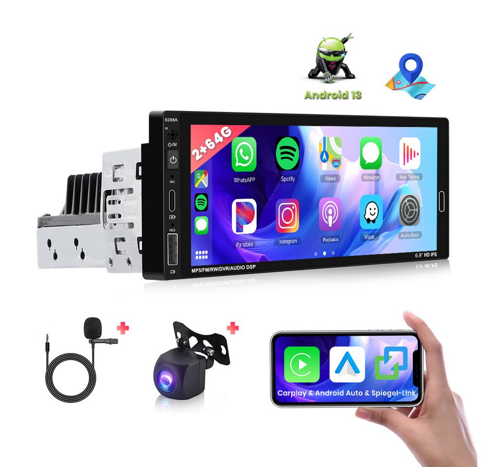Hikity 1DIN Android 13.0 6.86" HD Touchscreen Monitor 2+64 Universal Player Autoradio (Drahtlos/Kabelgebunden CarPlay, Android Auto, GPS, WIFI, IOS/Android Spiegel Link,Steuerung über das Lenkrad) von Hikity