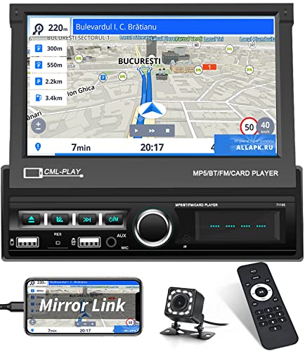 Hikity 1Din Autoradio mit 7 Zoll Motorisierte Bildschirme, Touchscreen Autoradio mit Bluetooth Freisprecheinrichtung, Rückfahrkamera, USB,TF, AUX-IN, Mirror Link für Android/iOS von Hikity