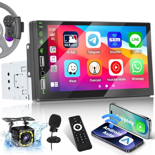 Hikity 1Din Autoradio mit Apple Carplay & Android Auto mit 7 Zoll Bildschirm, Touch Display mit Bluetooth EQ FM Radio Dual USB AUX Mirror Link Lenkradsteuerung Rückfahrkamera Mikrofon von Hikity