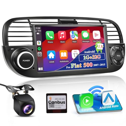 Hikity 1G 32G Apple Carplay Autoradio Für FIAT 500 2007-2015 Android 13 Doppel Din Stereo Auto Radio Mit Navigation Bluetooth Freisprecheinrichtung Android Auto WiFi FM RDS Canbus +AHD Rückfahrkamera von Hikity