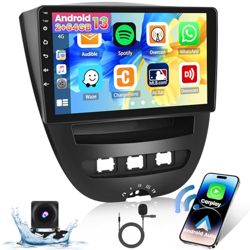 Hikity 2+64GB Android 13 Autoradio für Toyota Aygo/Peugeot 107/Citroën C1 Radio mit Wireless Carplay Android Auto, Bluetooth mit 10,1'' Bildschirm Navi WiFi SWC FM RDS HiFi + Mikrofon+Rückfahrkamera von Hikity
