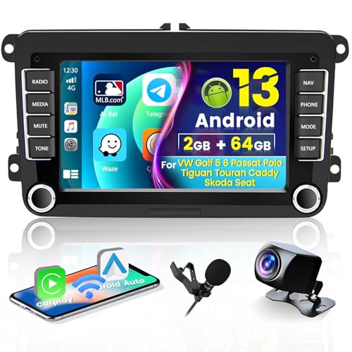 Hikity 2+64GB Android 13 Autoradio für VW Golf 5 Tiguan Touran Passat Polo Skoda Caddy Seat Radio Wireless Apple Carplay Android Auto 7 Zoll Touchscreen mit Navi WiFi Hi-Fi RDS FM SWC Canbus von Hikity