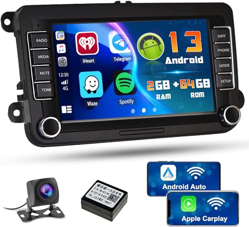 Hikity 2+64GB Android 13 Autoradio für VW Golf 5 Tiguan Touran Passat Polo Skoda Caddy Seat Radio Wireless Apple Carplay Android Auto 7 Zoll Touchscreen mit Navi WiFi Hi-Fi RDS FM SWC Canbus von Hikity