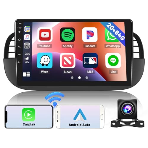 Hikity 2+64GB Android Autoradio für FIAT 500 2007 2008 2009 2010 2011 2012 2013 2014 2015, Eingebaut Wireless CarPlay und Android Auto, 9" Touchscreen Car Radio mit Navi WiFi Rückfahrkamera von Hikity