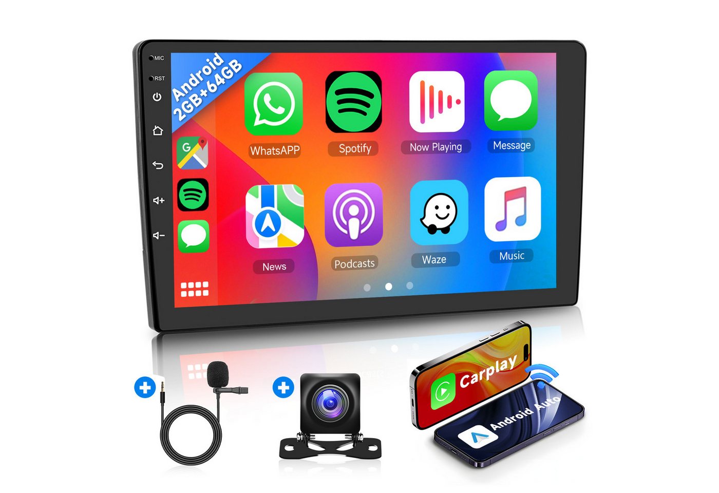 Hikity 2 DIN 2G+64G Android 9 Zoll Carplay Autoradio GPS Navi WiFi Bluetooth Autoradio (Android 13, Car Stereo Radio, Carplay / Auto, WIFI BT FM) von Hikity