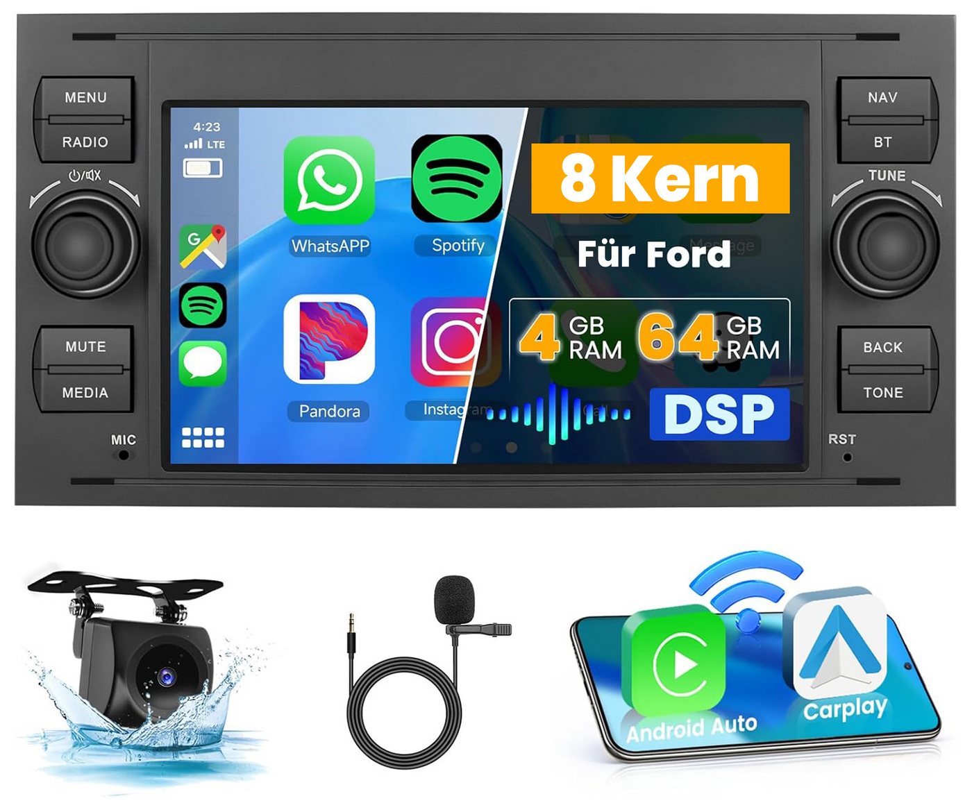 Hikity 2 DIN 7" für Ford Transit/Fiesta/Focus, CarPlay, DAB+/GPS, 4+64GB Autoradio (Digitalradio (DAB), FM-TunermitRDS, Kabelloses Carplay und Android Auto geteilter Bildschirm) von Hikity