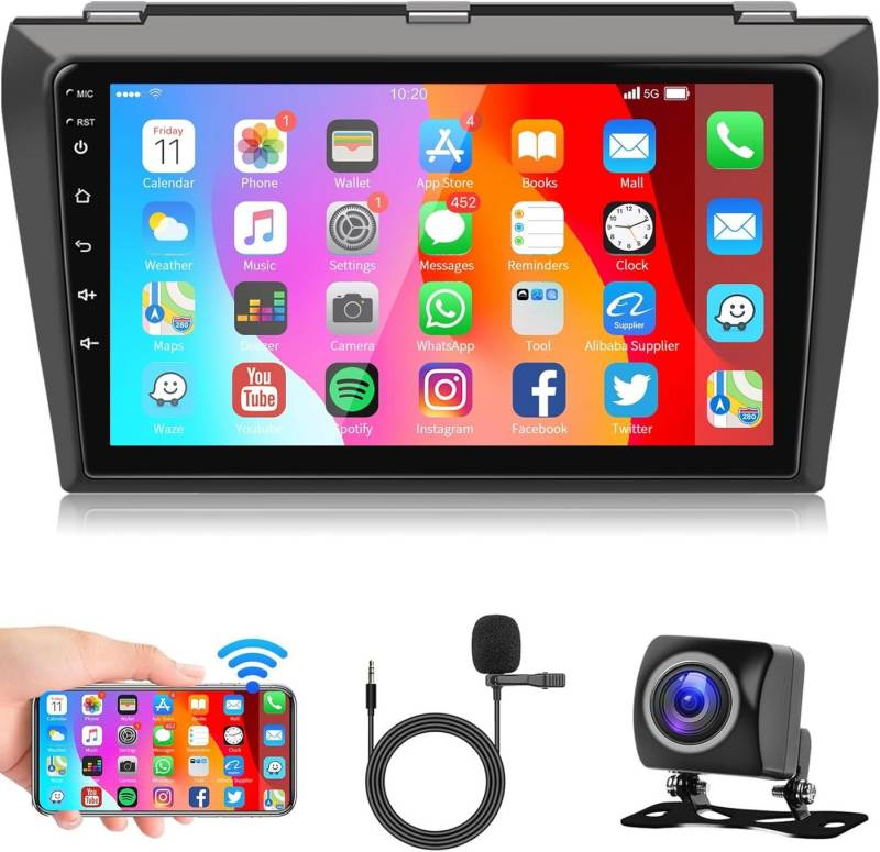 Hikity 2 DIN 9" Autoradio Für Mazda 3 2004-2012, Rückfahrkamera, DAB+ Autoradio (Digitalradio (DAB), FM-TunermitRDS, GPS-Navigation Sieben-Farben-Panel) von Hikity