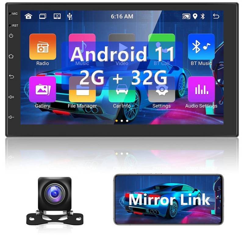 Hikity 2 DIN Android Navigation mit 7 Zoll Touchscreen und Rückfahrkamera Autoradio (WiFi-Spiegel-Link FM RDS, 2+32GB) von Hikity