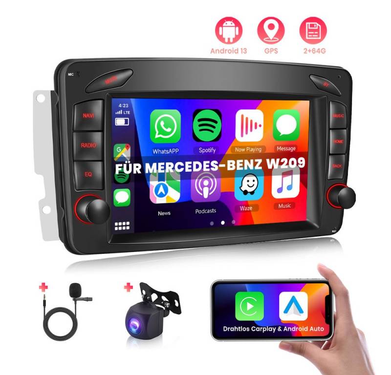 Hikity 2 Din 7'' Android 13.0 Car Player (2+64G) für Mercedes-Benz W209 Autoradio (WIFI, GPS, Carplay&Android Auto, Bluetooth,FM) von Hikity