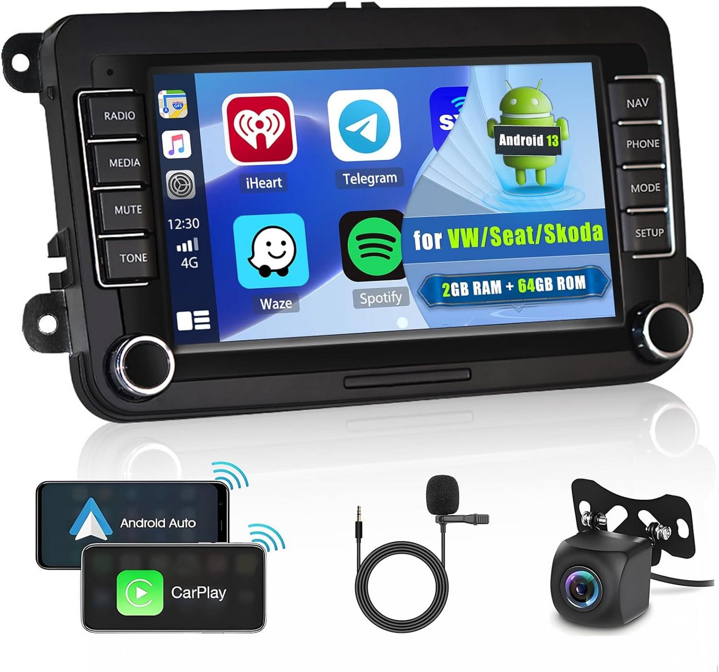 Hikity 2Din 7 Zoll Touch Display für VW Golf Polo Skoda Passat mit GPS Autoradio (Kabelloses CarPlay & Android Auto, Mit Rückfahrkamera) von Hikity