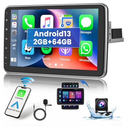 Hikity 2G 64G Android 13 Autoradio 1Din Apple Carplay mit 10.1 Zoll Drehbarer Bildschirm Auto Radio 1Din mit Navi GPS Bluetooth Freisprecheinrichtung USB HiFi WiFi RDS Android Auto AHD Rückfahrkamera von Hikity