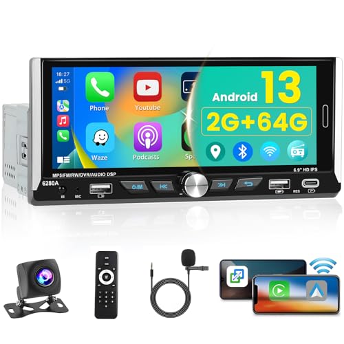 Hikity 2G 64G Android 13 Wireless Apple Carplay Autoradio mit Navi Volumen Drehknopf 6.86 Zoll Touchscreen Auto Radio mit Android Auto GPS WiFi Hi-Fi Bluetooth 2USB Type-C FM RDS SWC Rückfahrkamera von Hikity