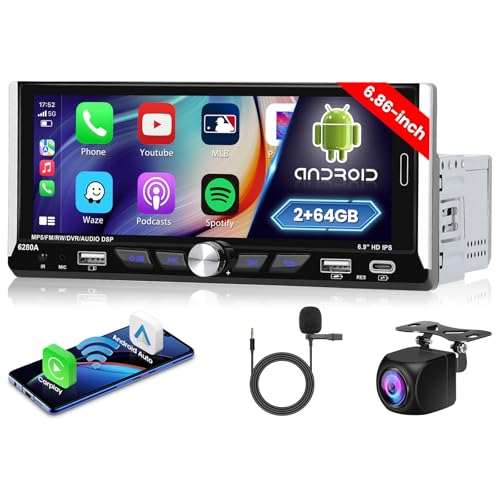 Hikity 2G 64G Android 13 Wireless Apple Carplay Autoradio mit Navi Volumen Drehknopf 6.86 Zoll Touchscreen Auto Radio mit Android Auto GPS WiFi Hi-Fi Bluetooth 2USB Type-C FM RDS SWC Rückfahrkamera von Hikity