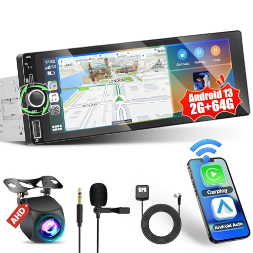 Hikity 2G 64G Android 13 Wireless Carplay Autoradio Navi 1Din Mit 6.86 Zoll Bildschirm Auto Radio mit Android Auto Bluetooth-Freisprecheinrichtung WiFi RDS FM USB Mirror Link SWC MIC Rückfahrkamera von Hikity