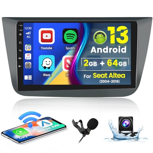 Hikity 2G 64G Android 13 Wireless Carplay Autoradio mit Navi für SEAT Altea 2004-2016(Linkslenker) 9 Zoll Touchscreen Auto Radio mit GPS Bluetooth FM RDS WiFi HI-FI Android Auto MIC Rückfahrkamera von Hikity
