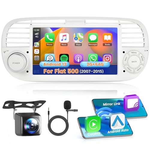 Hikity 2G 64G Android13 Wireless Carplay Autoradio mit Navi Für FIAT 500 2007-2015 7 Zoll Touchscreen Auto Radio mit Bluetooth Freisprecheinrichtung Android Auto WiFi RDS FM SWC Rückfahrkamera (Weiß) von Hikity