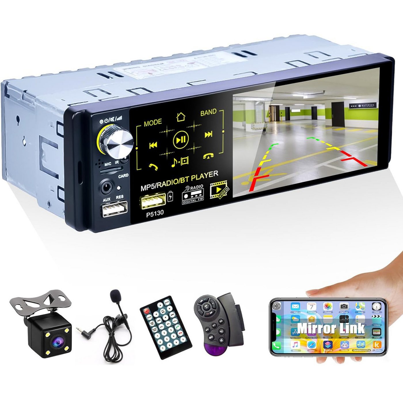 Hikity 4 Zoll kapazitiver Touchscreen Single DIN Autoradio mit Kamera Autoradio (Steuerung über das Lenkrad, Two USB / AUX-In / SD Card) von Hikity