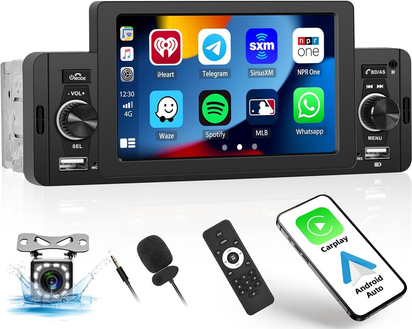 Hikity 5 Zoll Bildschirm 1DIN mit GPS/Bluetooth/USB/FM/Rückfahrkamera Autoradio (Mit Rückfahrkamera, Apple Carplay Android) von Hikity